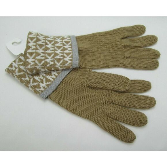 Michael Kors Acrylic Gloves Tan White Gray w/Fold-over Logo Cuffs One Size - Picture 5 of 5